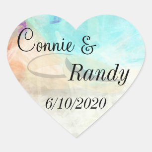 Monogram Beach Wedding Sticker med Bröllop Ringar Hjärtformat Klistermärke