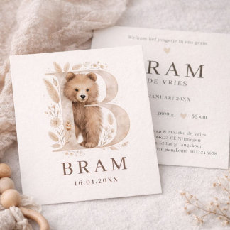 Monogram Beer Neutraaal Bosdier Jongen Geboorte Kort