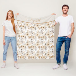 Monogram Beige Cream Brown Grått Blommigt botanik Fleecefilt