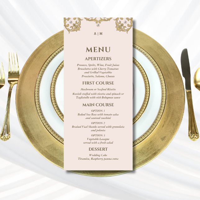 Monogram Beige Victorian Vintage bröllop Menu Meny (Skapare uppladdad)