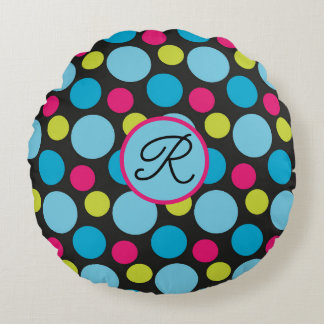 Monogram Big Dots Mönster Colorful, Shock rosa, Bl Rund Kudde