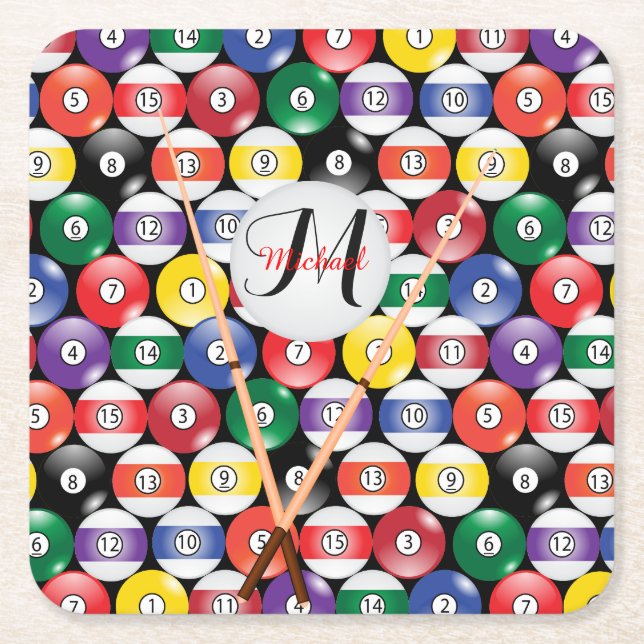 Monogram Billiard Bassäng Boll Design Underlägg Papper Kvadrat (Framsidan)