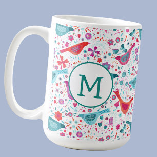 Monogram Bird Blommigt Watercolor Kaffemugg