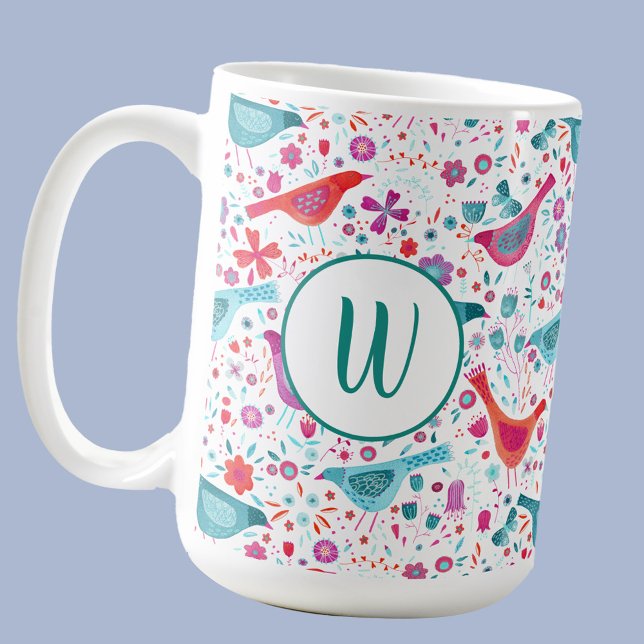Monogram Bird Blommigt Watercolor Kaffemugg (Monogram initial modern watercolor bird and floral pattern mug)
