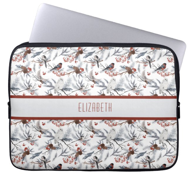 Monogram Bird White Grått Silver Gren Red Berries Laptop Fodral (Framsidan)