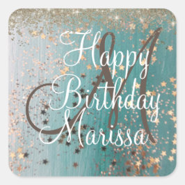 Monogram Birthday Guld Stars på Teal Fyrkantigt Klistermärke