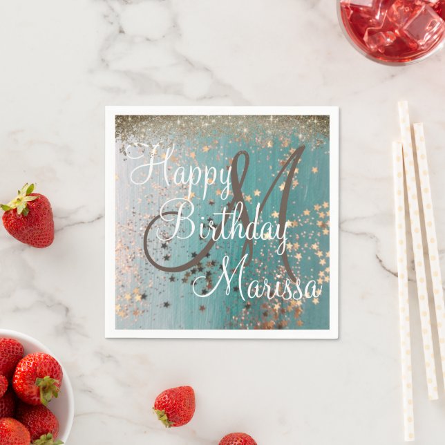 Monogram Birthday Guld Stars på Teal Napkins Pappersservett (Insitu)