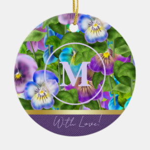 Monogram Birthday Pansy Violet Flowers Watercolor Julgransprydnad Keramik