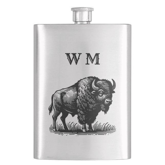 Monogram Bison Buffalo on Stainless Steel Flask Fickplunta (Framsidan)