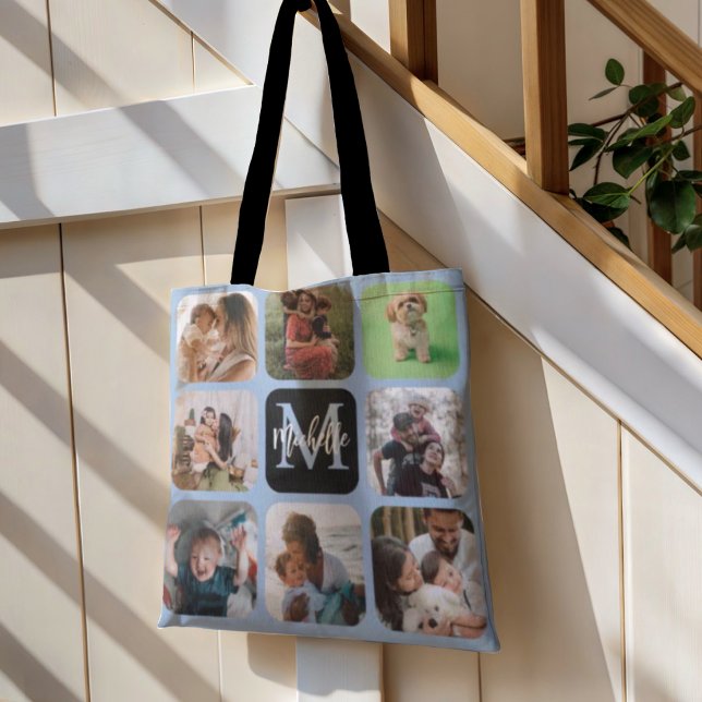 Monogram Blå 8 Bildcollage Handväskor Tygkasse (Skapare uppladdad)