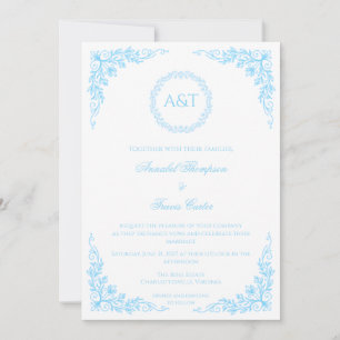 Monogram Blå Blommig Elegant Bröllopsinbjudan