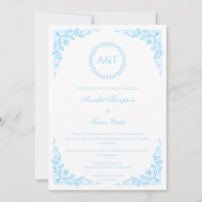 Monogram Blå Blommig Elegant Bröllopsinbjudan (Framsida)