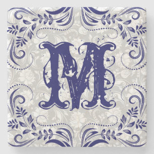 Monogram Blå Blommigt Swirls Ram Underlägg Sten