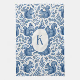 Monogram Blå Chinoiserie Ekorre Skog Kökshandduk