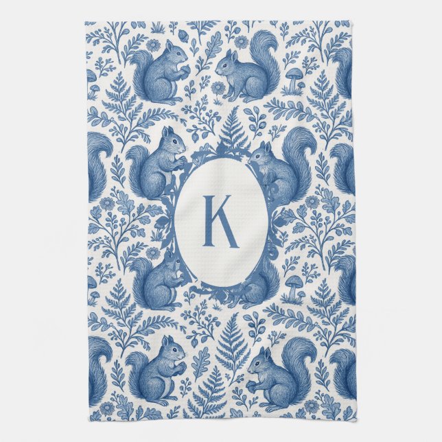 Monogram Blå Chinoiserie Ekorre Skog Kökshandduk (Vertikal)
