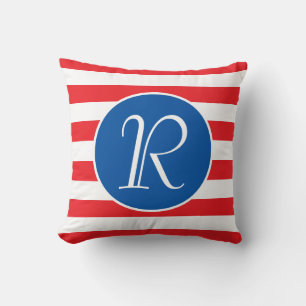 Monogram blå cirkel   Röda och vita Rand Kudde
