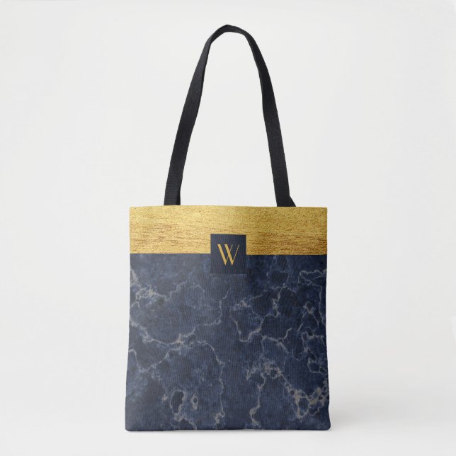 Monogram Blå Falsk Marmor & Guld Textur Mönster Tygkasse (Framsida)