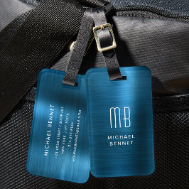 Monogram blå falskt borstat metall bagagebricka