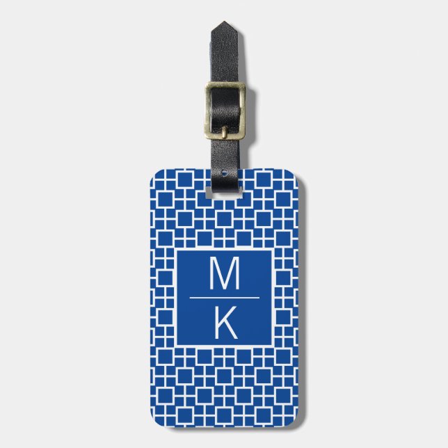 Monogram blå fyrkanter och fyrkantsdelning bagagebricka (Vertikal Framsida)