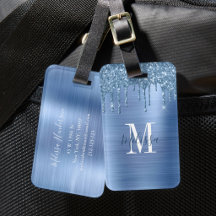 Monogram blå glitterdropp borstat metall