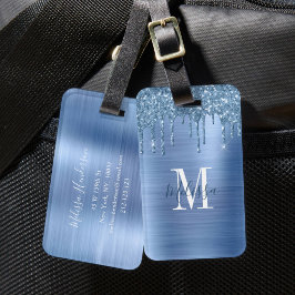 Monogram blå glitterdropp borstat metall bagagebricka