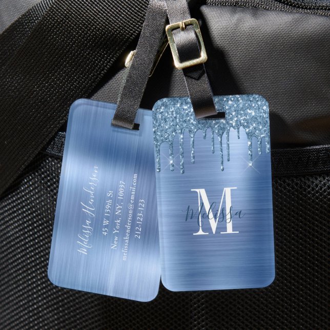 Monogram blå glitterdropp borstat metall bagagebricka (Monogrammed Blue Glitter Drip Brushed Metal Luggage Tag)