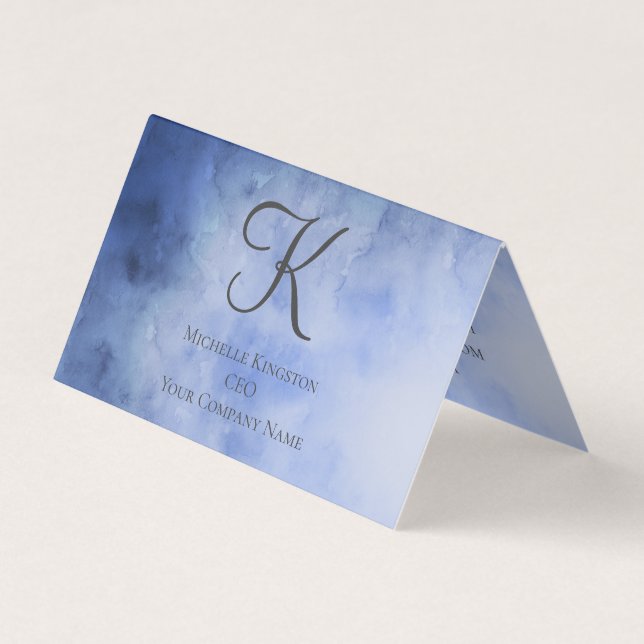 Monogram Blå Grå Akvarell Vikbar Tält Visitkort (Framsida)