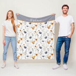 Monogram blå grå beige vit Boho blommig Fleecefilt