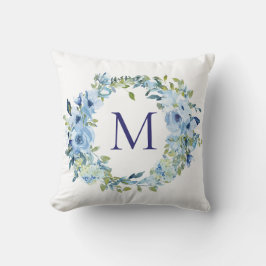 Monogram Blå Grön Blommig Botanisk Akvarell Kudde