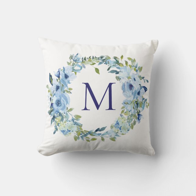 Monogram Blå Grön Blommig Botanisk Akvarell  Kudde (Framsida)