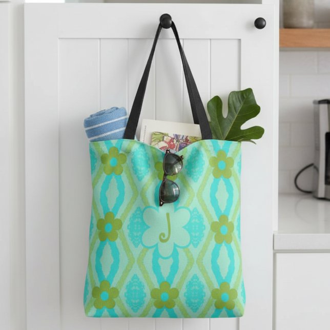 Monogram Blå Grön Guld Diamanter & Blommor Tygkasse (A fun little bag for just about any occasion. From teens to grandmothers and all in-between.)