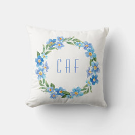 Monogram blå gul blomsterkrans kudde