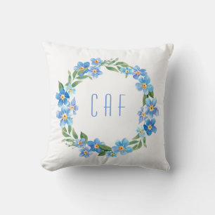Monogram blå gul blomsterkrans kudde