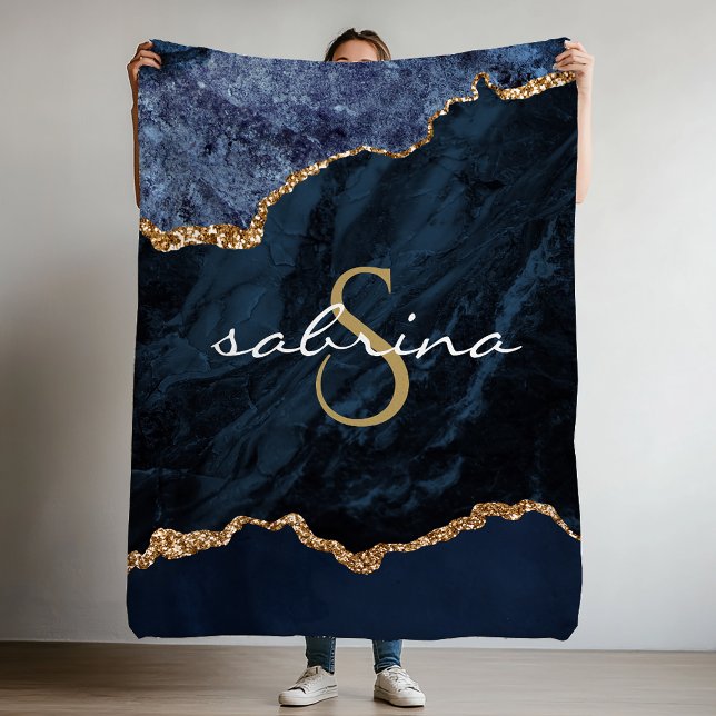 Monogram Blå Guld Agat Geod Fleecefilt (Skapare uppladdad)