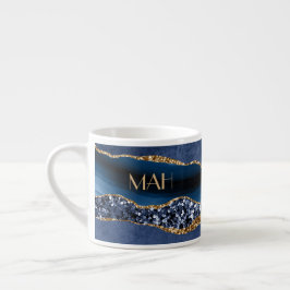 Monogram Blå Guld Glitter Agat Marmor Expresso Espressomugg