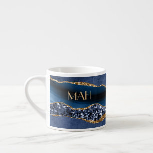 Monogram Blå Guld Glitter Agat Marmor Expresso  Espressomugg