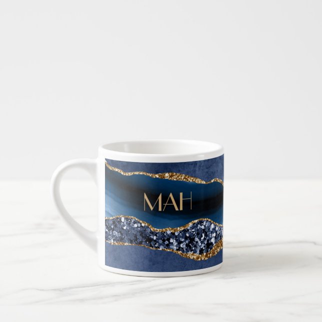 Monogram Blå Guld Glitter Agat Marmor Expresso  Espressomugg (Vänster)