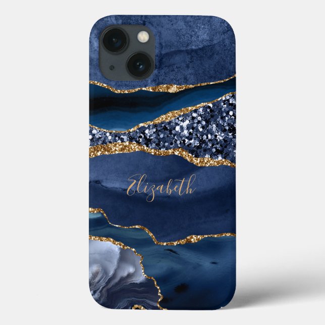 Monogram Blå Guld Glitter Agat Marmor Trendig (Baksida)