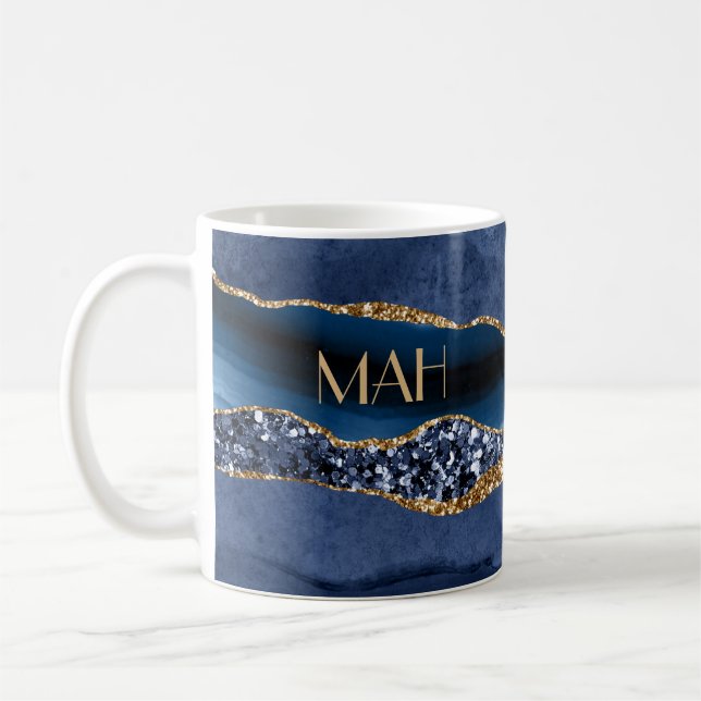 Monogram blå guld glitter agat marmor trendig  kaffemugg (Vänster)