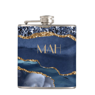 Monogram Blå Guld Glitter Agat Mermor Glam Bling Fickplunta