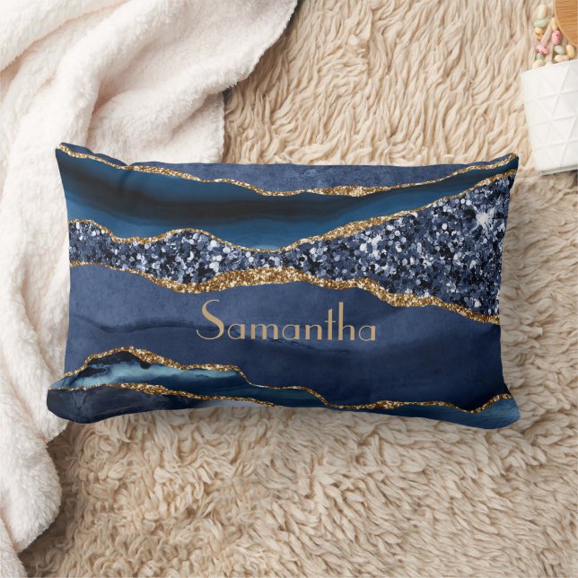 Monogram Blå Guld Glitter Agat Mermor Glam Bling Lumbarkudde (Filt)
