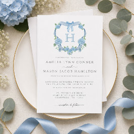 Monogram Blå Hortensia Blommig Krönings Bröllop Inbjudningar