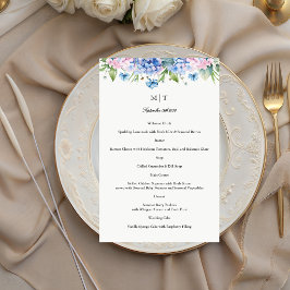 Monogram Blå Hortensia Kant Bröllopsmeny Flygblad