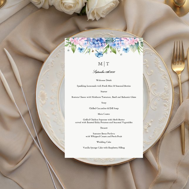 Monogram Blå Hortensia Kant Bröllopsmeny Flygblad (Skapare uppladdad)