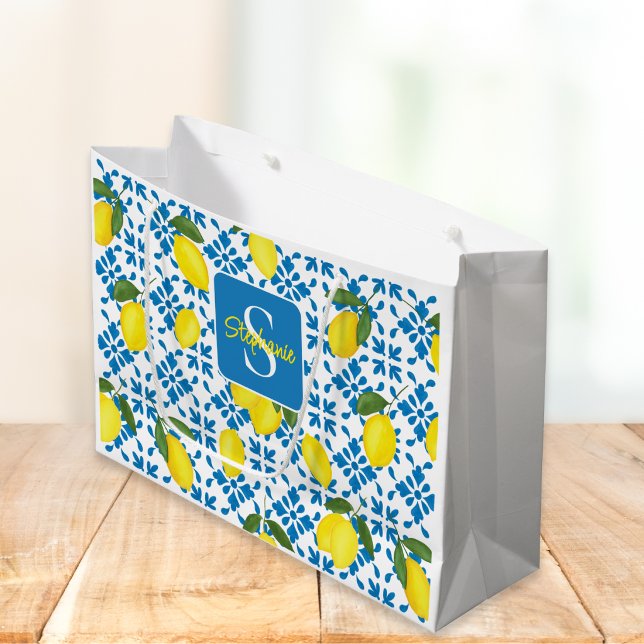 Monogram Blå Kakel Fransk Landsstil Citron Mönster (Skapare uppladdad)