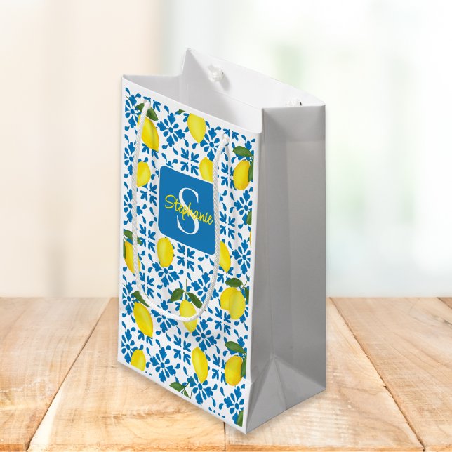 Monogram Blå Kakel Fransk Landsstil Citron Mönster (Skapare uppladdad)