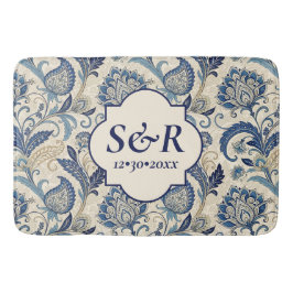 Monogram Blå & Kräm Damast Blommig Bröllop Badrumsmatta