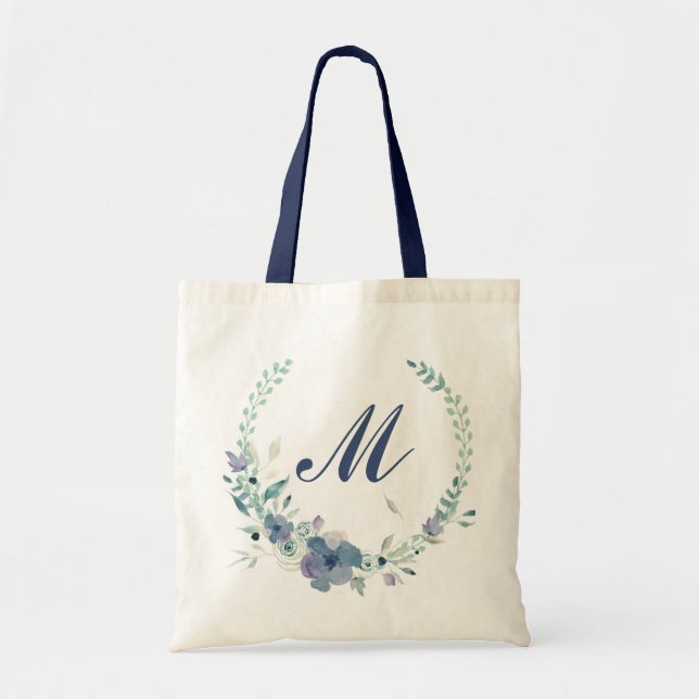 Monogram blå krans vattenfärg blomster tygkasse (Framsidan)