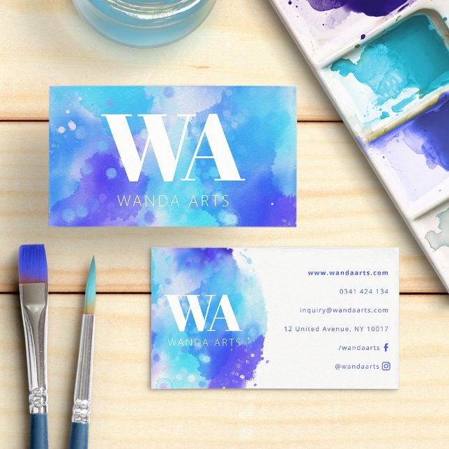Monogram Blå Lila Akvarell Konstnär Visitkort (Monogram Blue Purple Watercolor Artist Business Card)