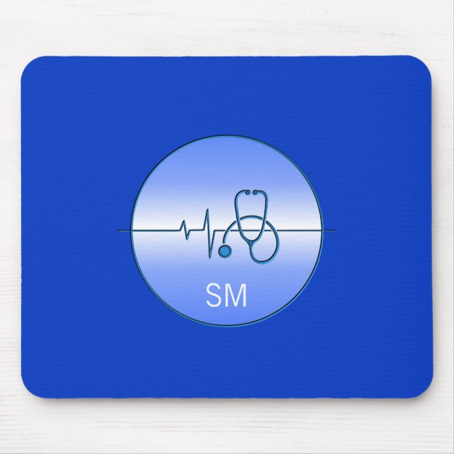 Monogram Blå Medicinsk Stetoskop Hjärtfrekvens Musmatta (Framsidan)